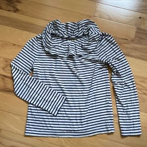 Mini Boden size 9/10 navy & white striped long sleeve T with ruffle collar.